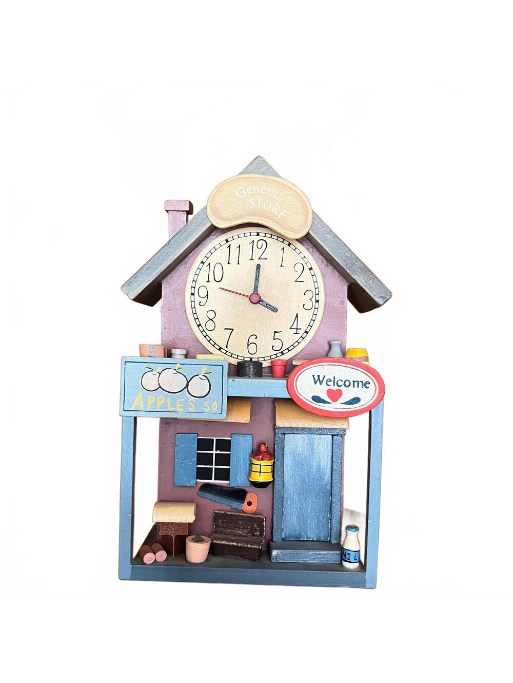 Wooden General Store Wall Clock with Decorative Details - Working